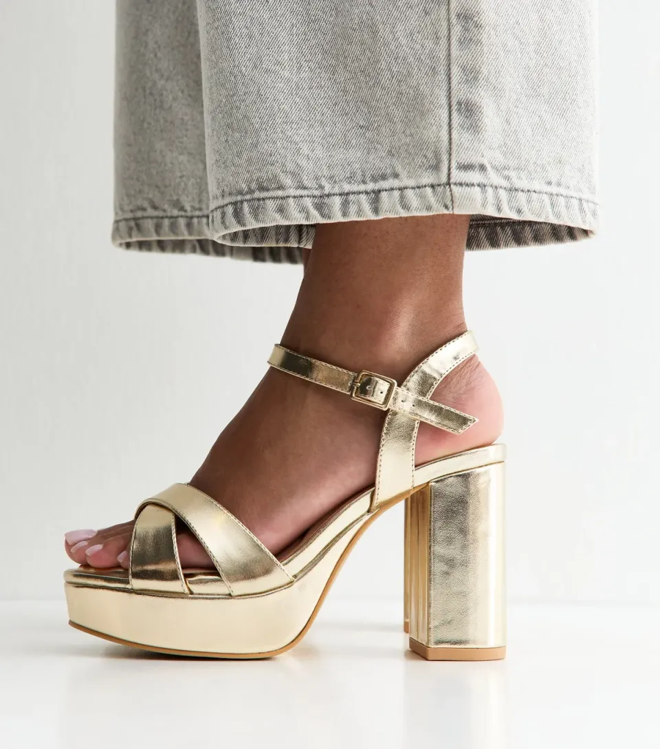 Women's Extra Wide Fit Gold Cross Over Strap Platform Sandals Vegan