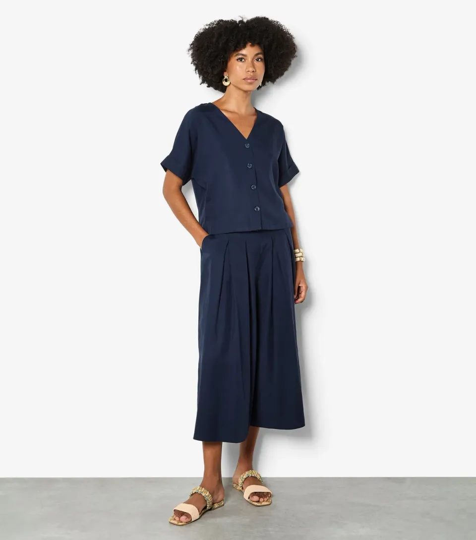 Women's Navy Wide Leg Pleated Trousers