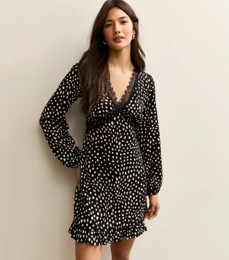 Women's Black Spotty Lace Trim Mini Dress