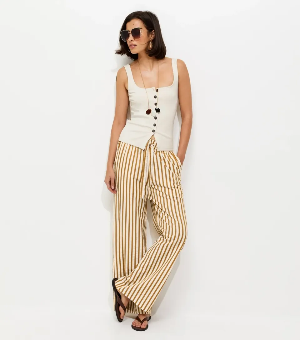 Women's Brown Striped Seersucker Wide Leg Trousers