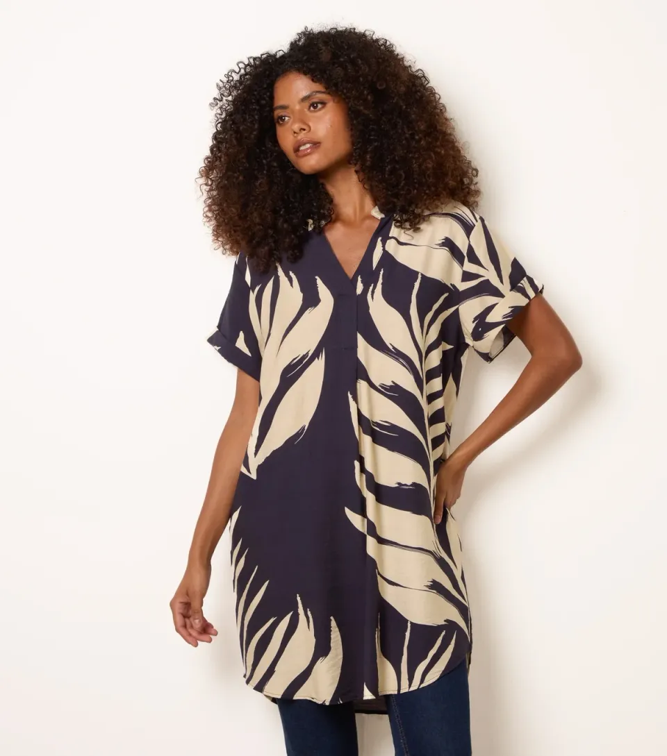 Women's Navy Palm Print Tunic Top
