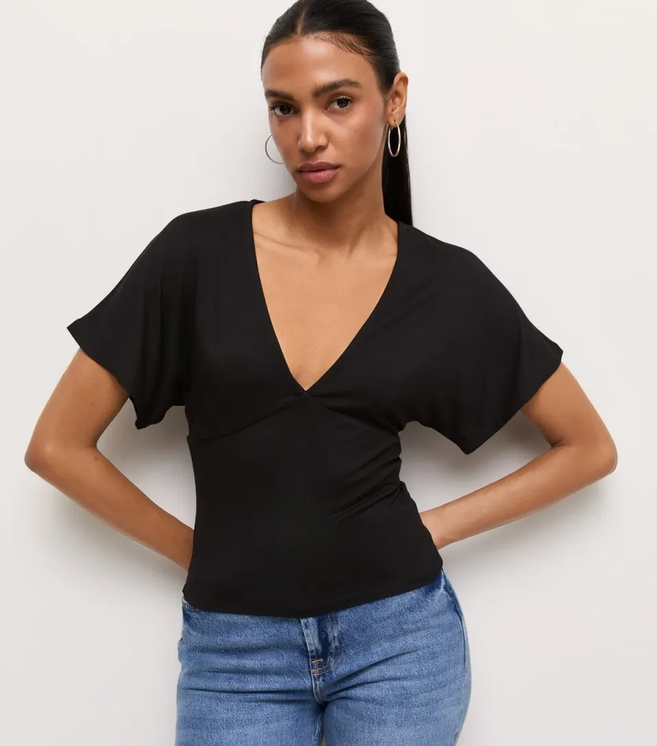 Women's Black Jersey V Neck Flutter Sleeve Top