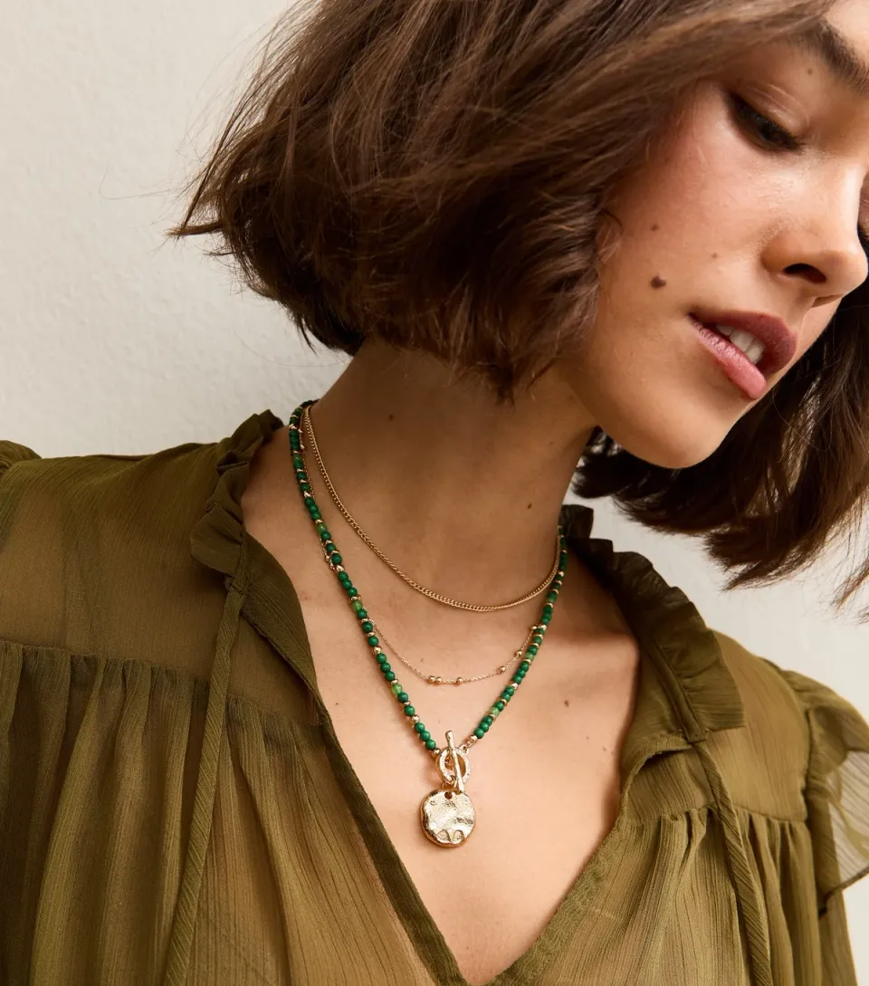 Gold Tone Layered Mixed Green Resin Beaded Coin Necklace
