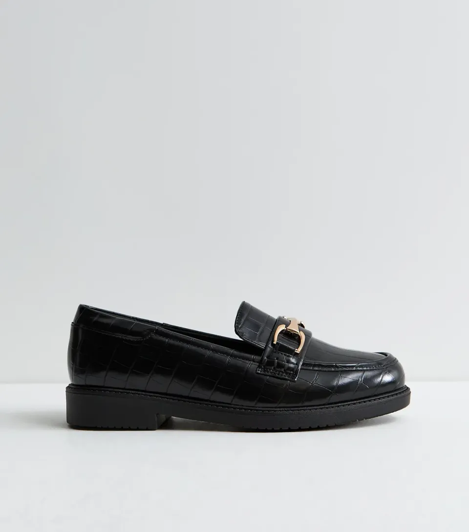 Women's Wide Fit Black Faux Leather Croc Embossed Loafers Vegan