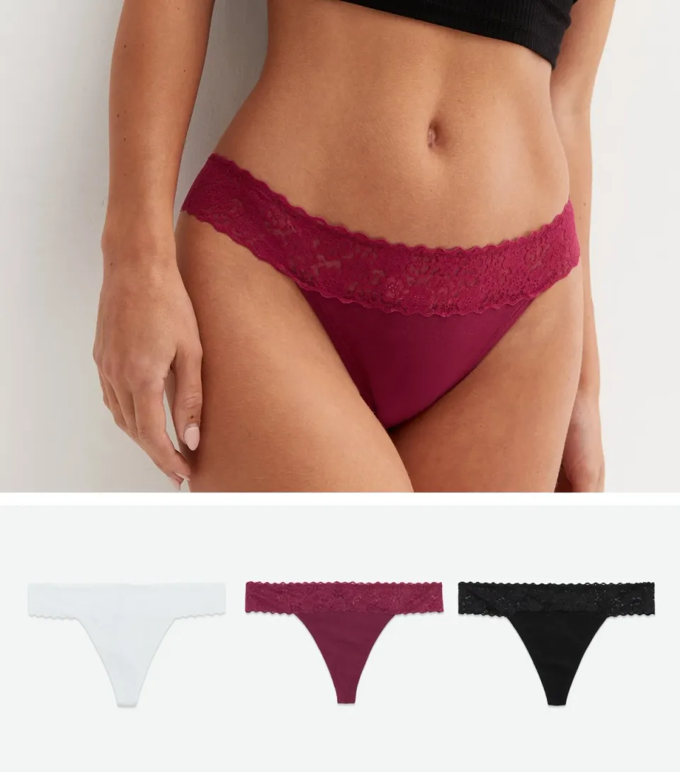 Women's 3 Pack Burgundy White and Black Lace Waist Thongs