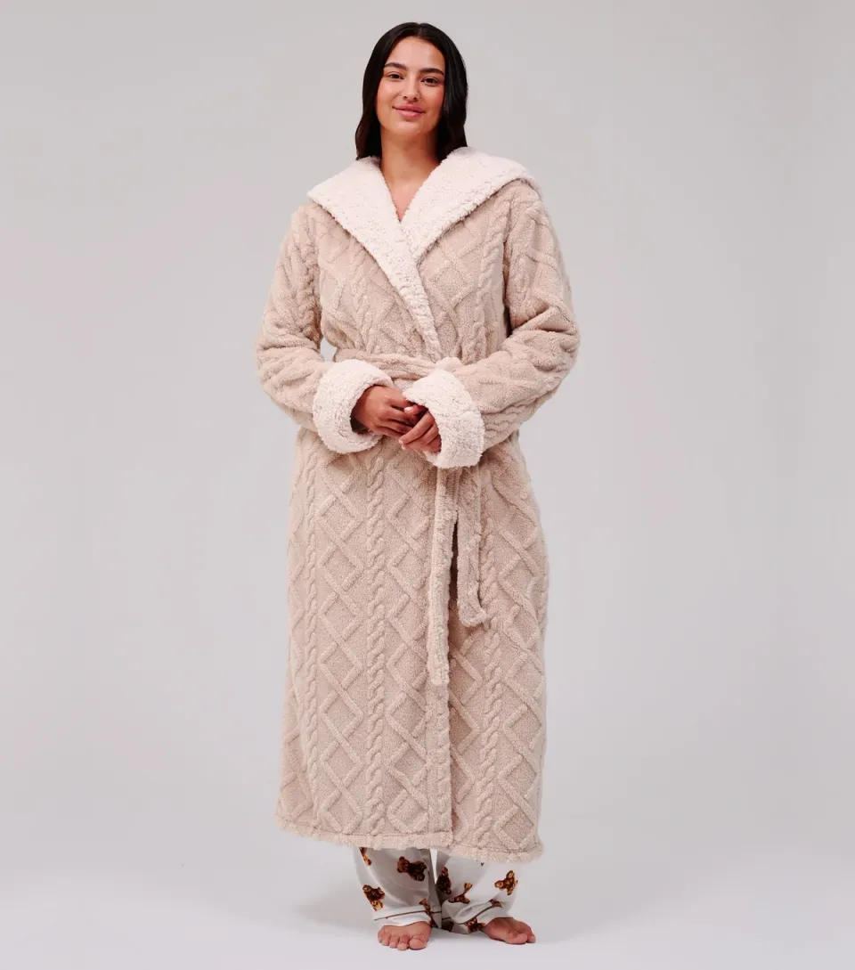 Women's Light Brown Fleece Cable Knit Hooded Dressing Gown