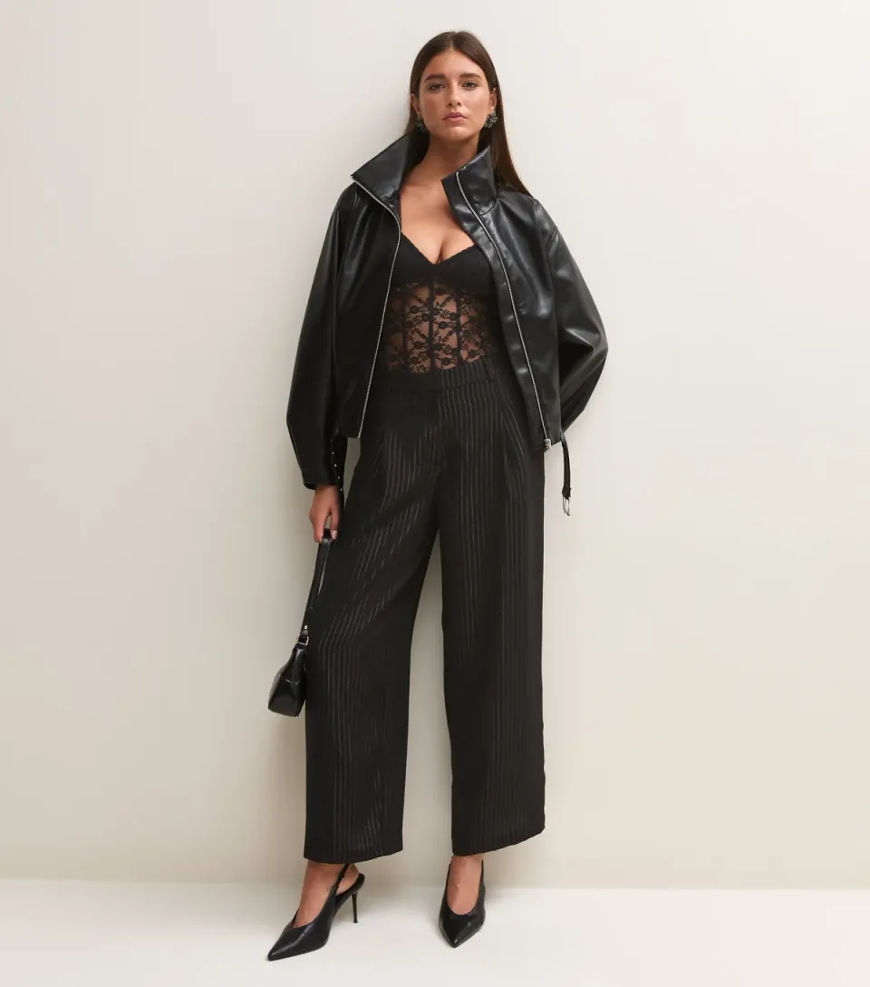 Women's Black Pinstripe Inverted Pleat Wide Leg Tailored Trousers
