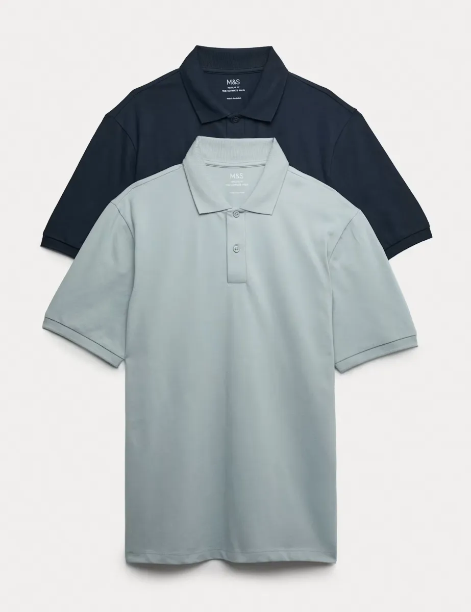 Ultimate 2 Pack Cotton Rich Polo Shirts Soft Blue Mix
