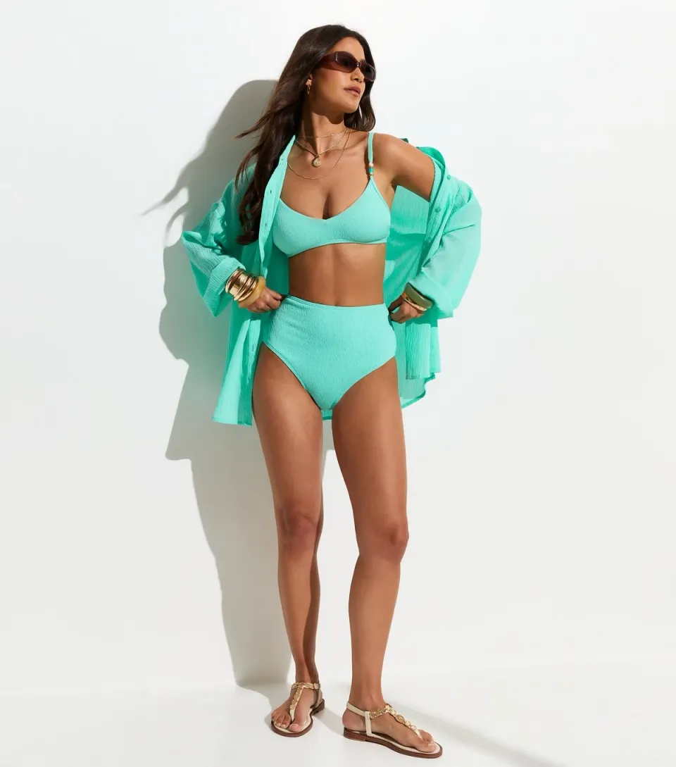 Women's Turquoise Textured High Waist Bikini Briefs