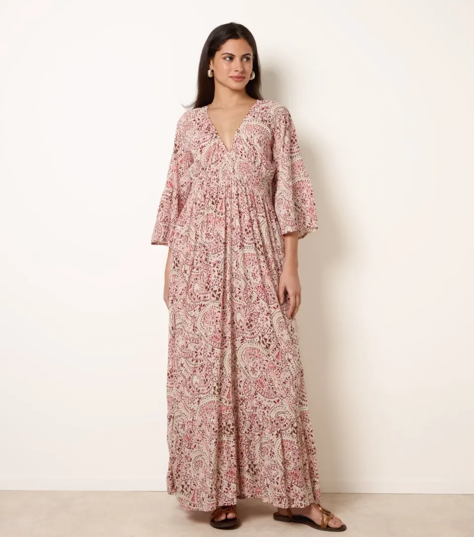 Women's Pink Printed V-Neck Midi Dress