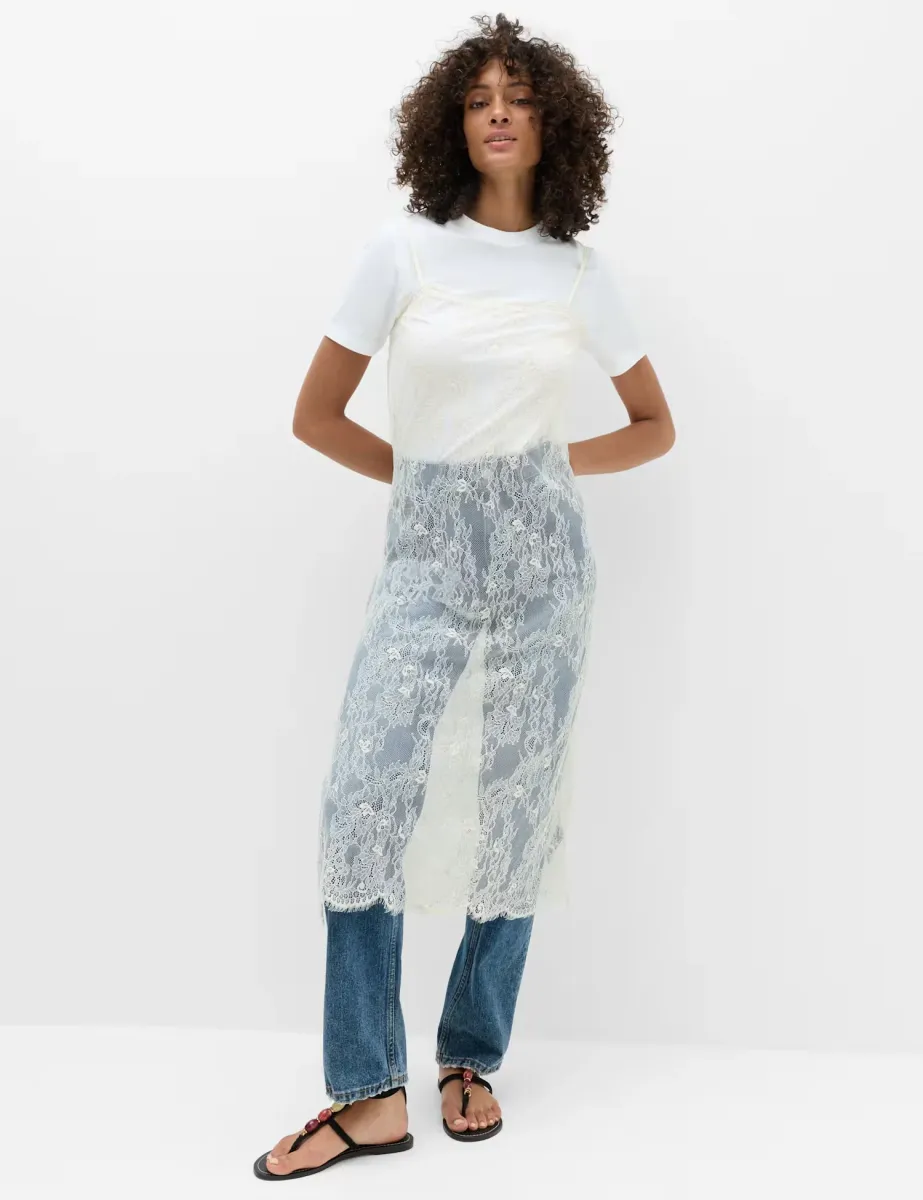 Cotton Blend Lace Midi Cami Dress Ivory