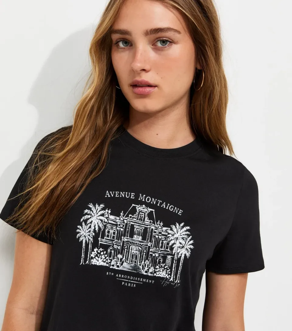 Women's Black Cotton Mansion Print Crew Neck T-Shirt