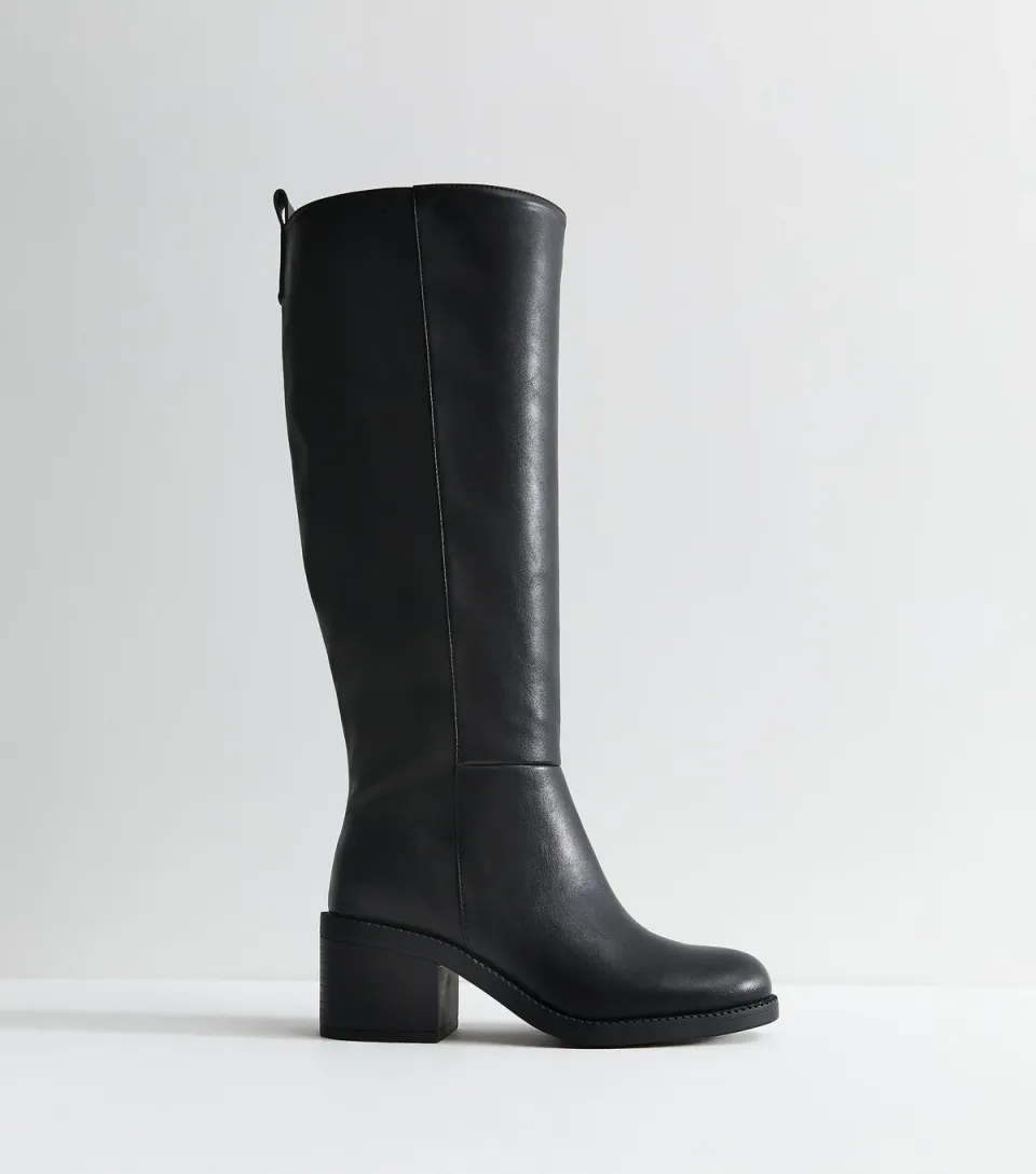 Women's Black Panelled Faux Leather Knee High Boots