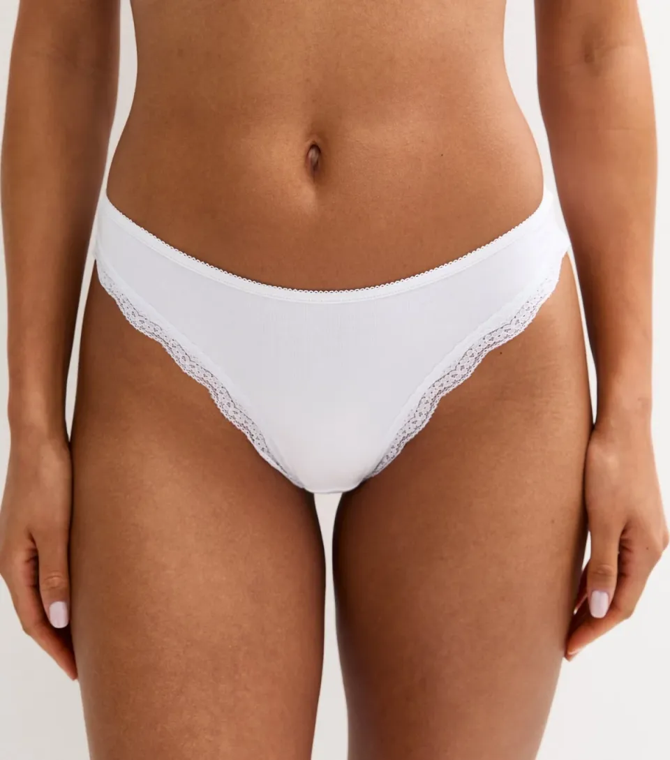 Women's White Lace Trimmed Cotton Jersey Thong