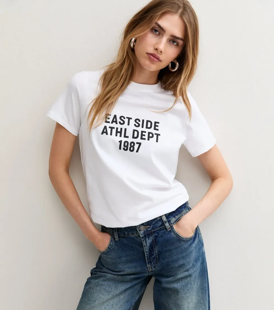 Women's White Cotton East Side Athletic Department Print Relaxed T-Shirt