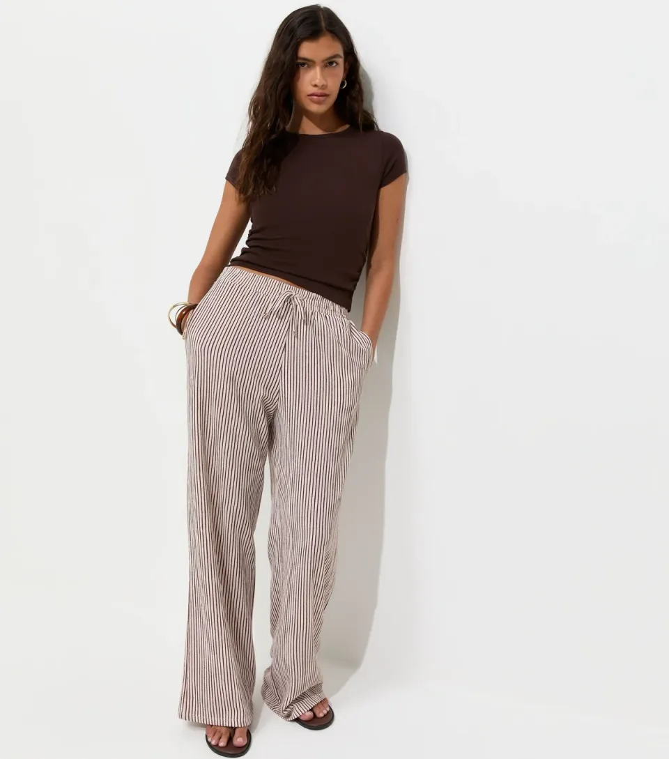 Women's Red Thin Stripe Crinkle Texture Wide Leg Trousers