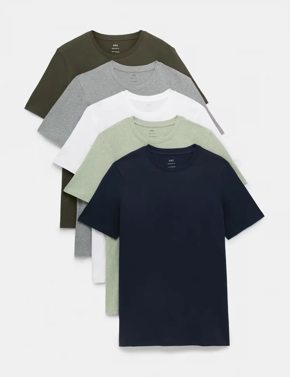 5 Pack Pure Cotton Crew Neck T-Shirts Light Green Mix