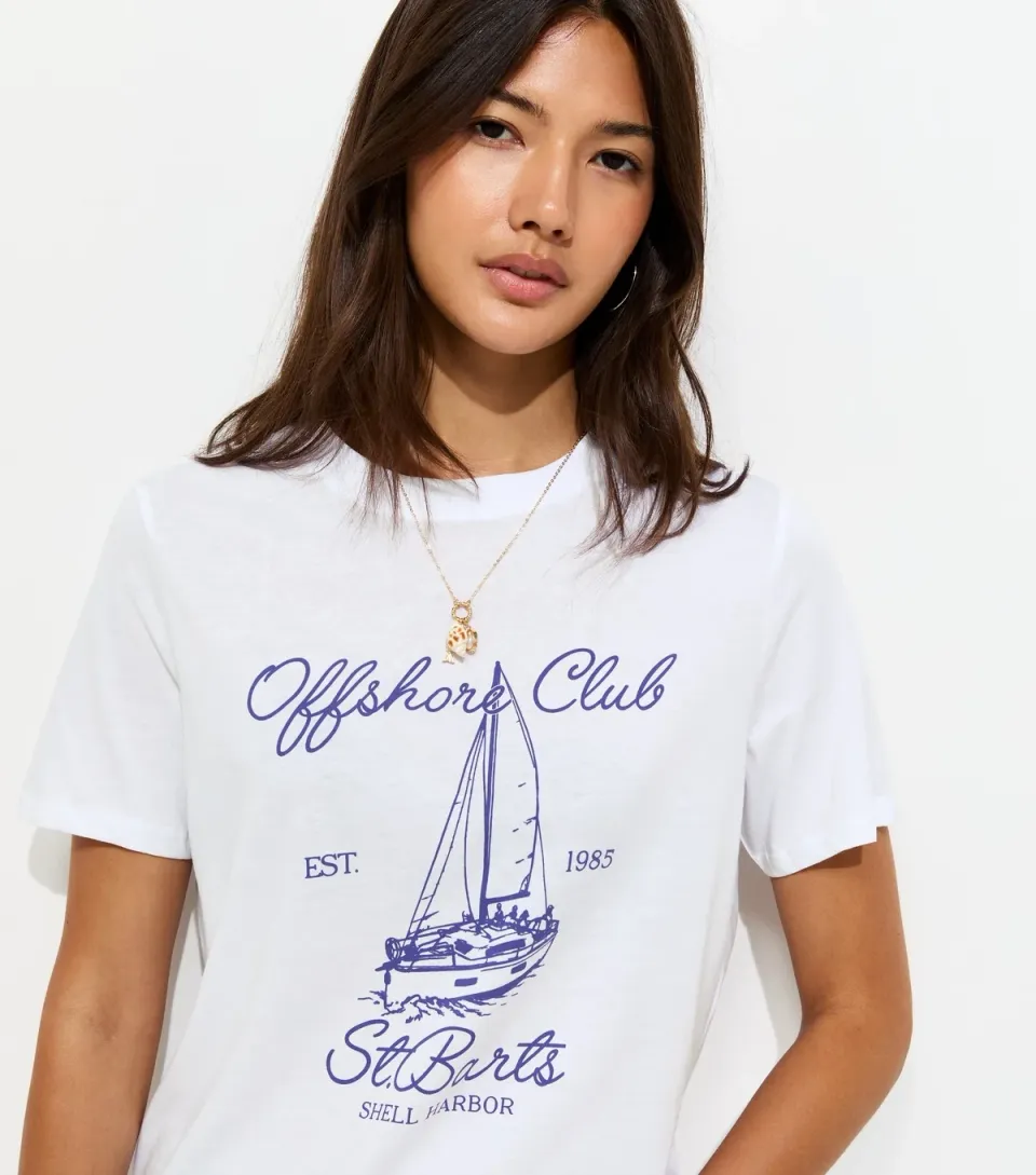 Women's White Cotton Sailing Boat Print Relaxed T-Shirt