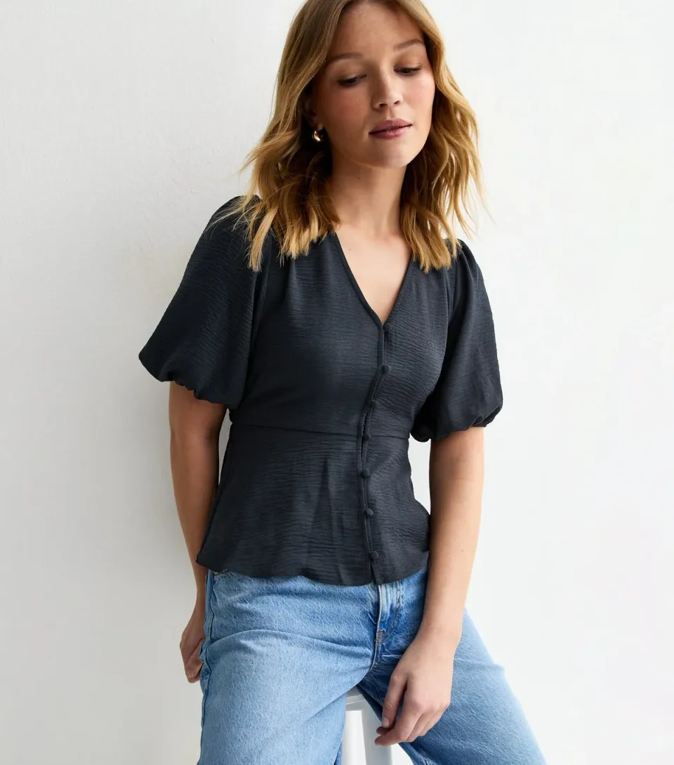 Women's Navy Buttoned Puff Sleeve Tea Blouse