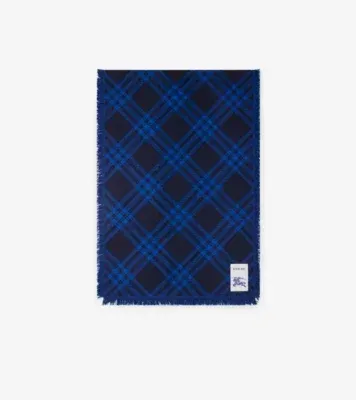 Wide Check Wool Silk Scarf in Ink blue/blue