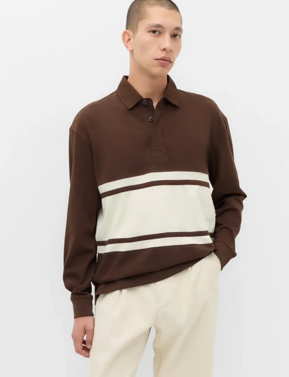 Pure Cotton Chest Stripe Rugby Dark Brown