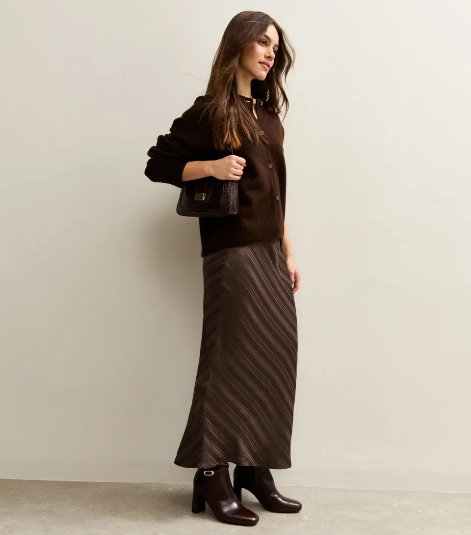 Women's Petite Dark Brown Striped Satin Bias Cut Midi Skirt