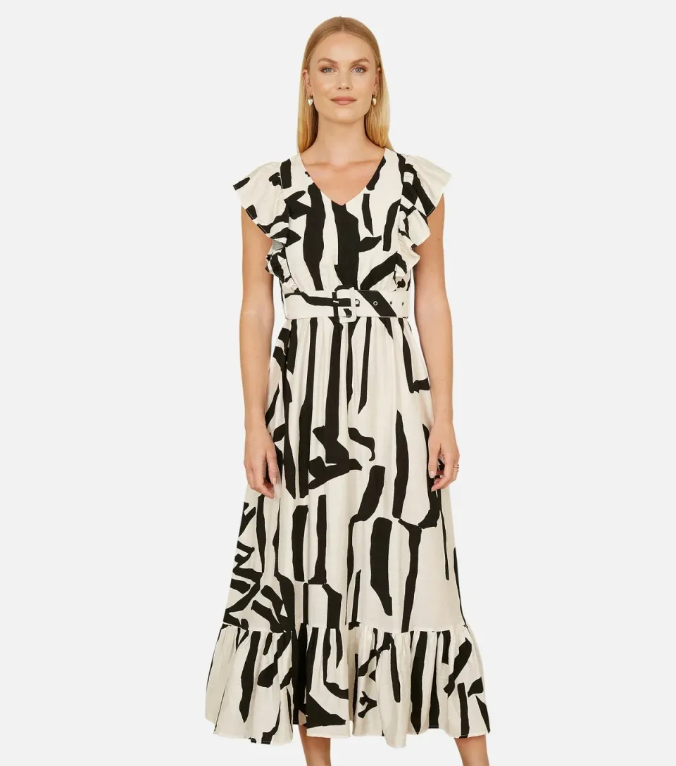 Women's Black Abstract Print Midi Dress