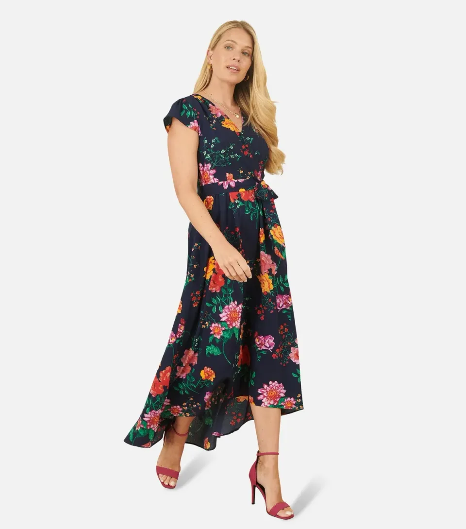 Women's Navy Floral Print Wrap Front Dress