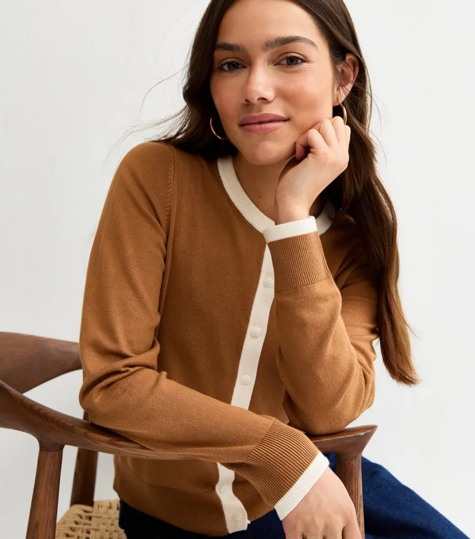 Women's Petite Brown Lightweight Contrast Rib Cardigan