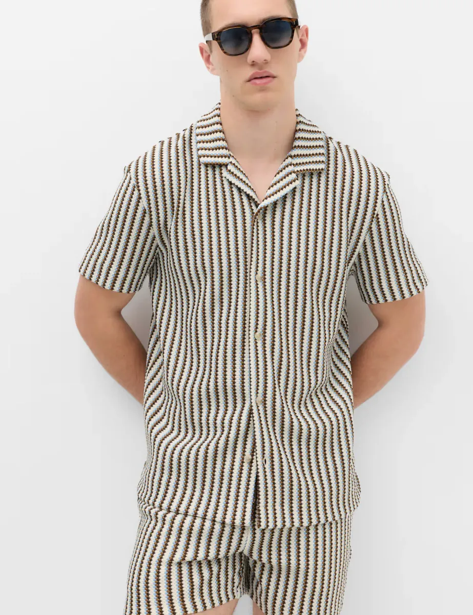 Cotton Blend Textured Striped Short Sleeve Shirt Ecru Mix