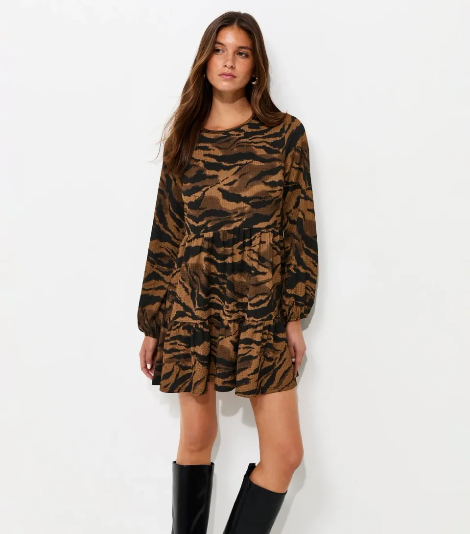 Women's Brown Textured Tiger Print Long Sleeve Mini Dress