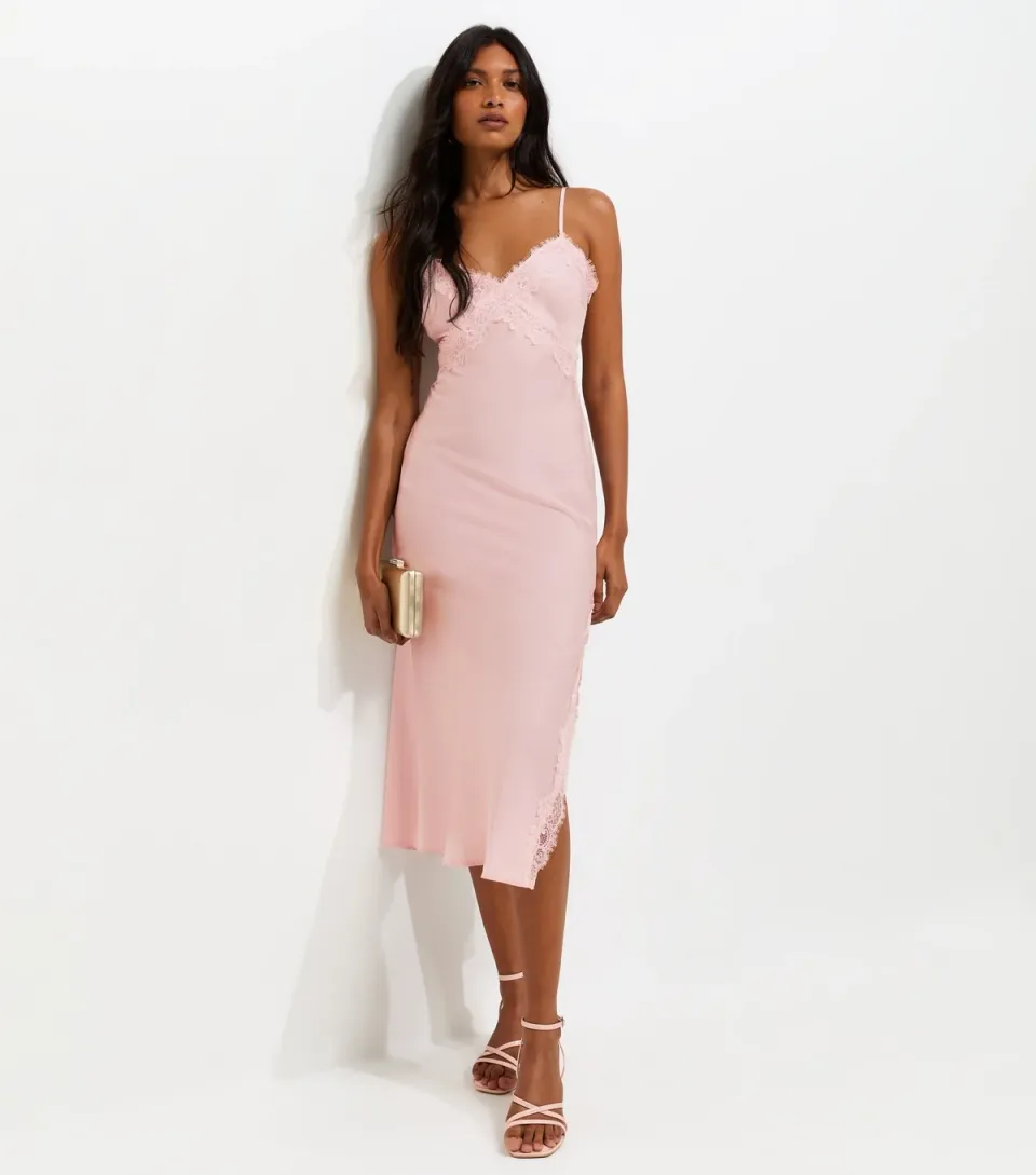 Women's Pale Pink Satin Lace Trim Strappy Midi Dress