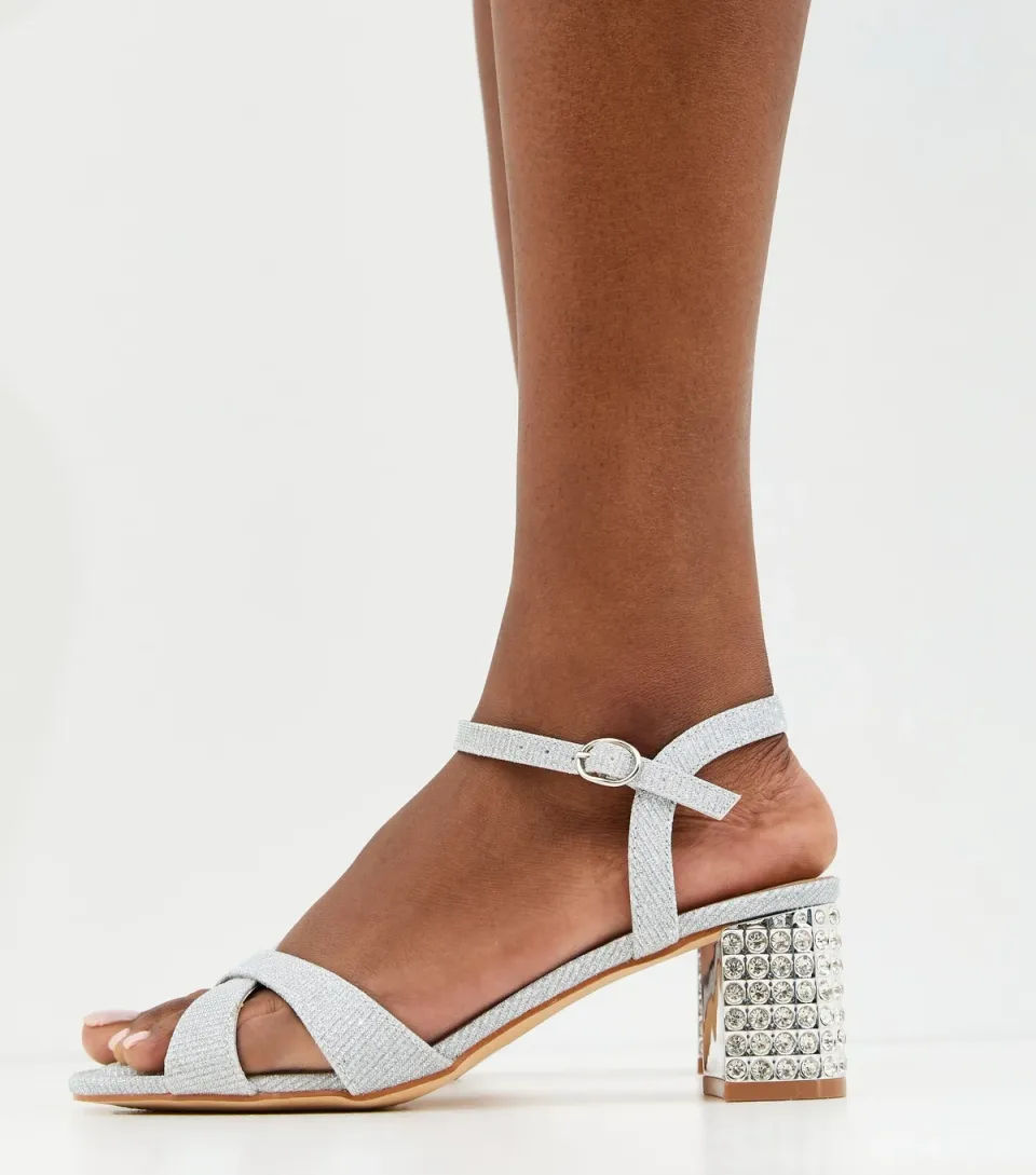 Women's Silver Metallic Jewelled Block Heel Sandals Vegan