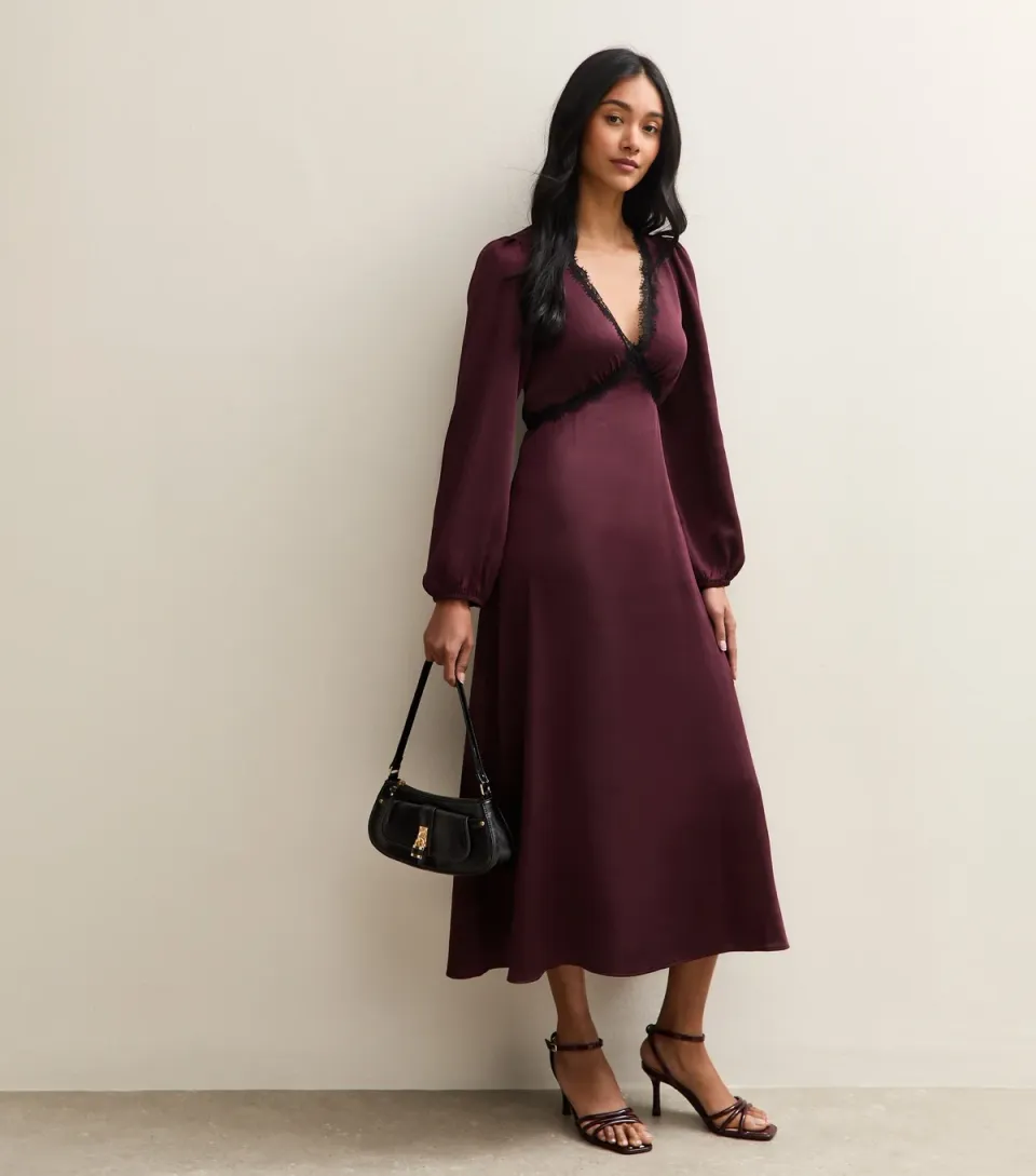 Women's Dark Purple Satin Lace Trim Midi Dress
