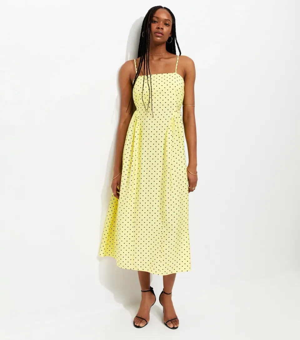 Women's Yellow Spot Print Cami Godet Midi Dress