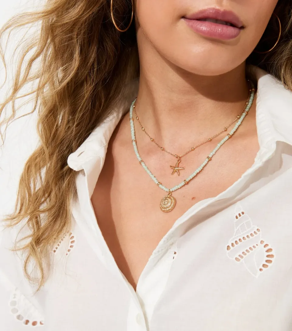 Pack. of2 Beaded Starfish and Shell Pendant Necklaces