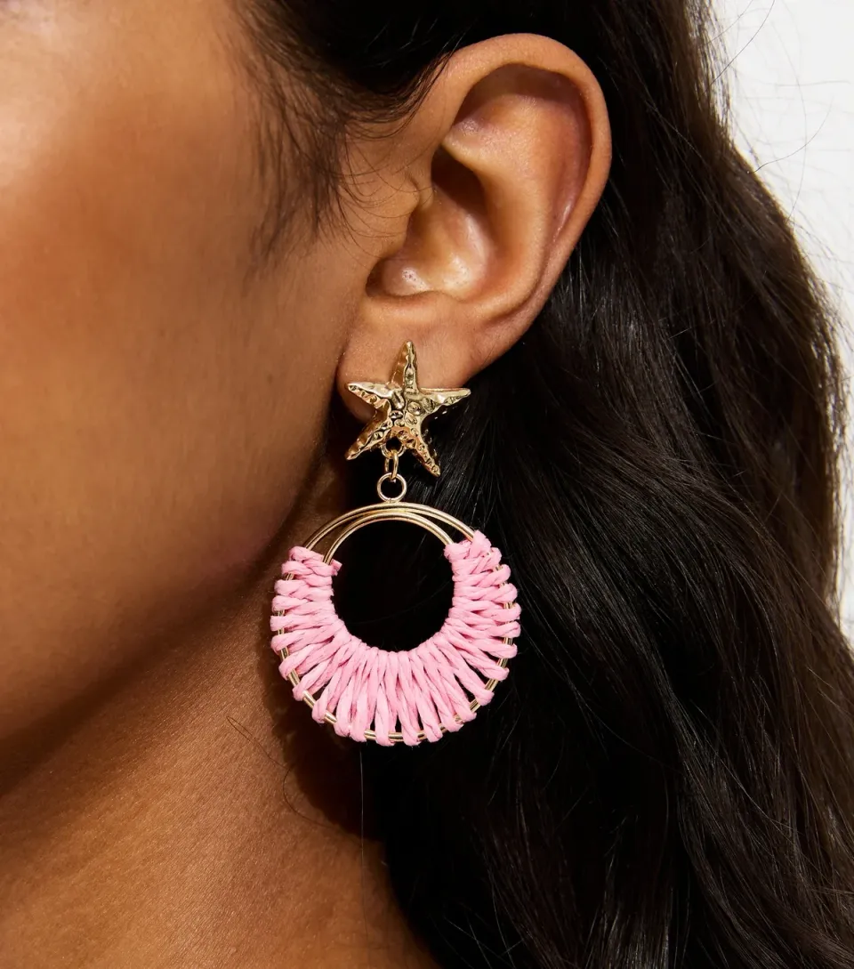 Gold Tone Pink Starfish Drop Earrings