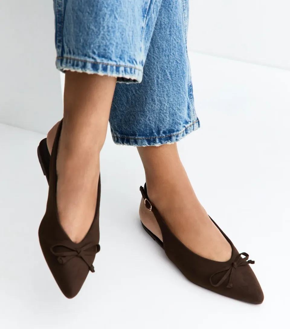 Women's Brown Faux Suede Top Bow Pointed Slingback Pumps Vegan
