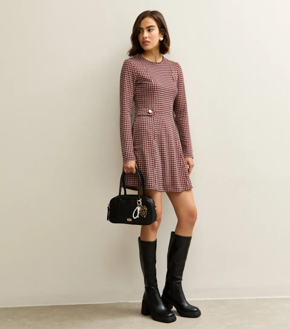 Women's Red Check Long Sleeve Mini Dress
