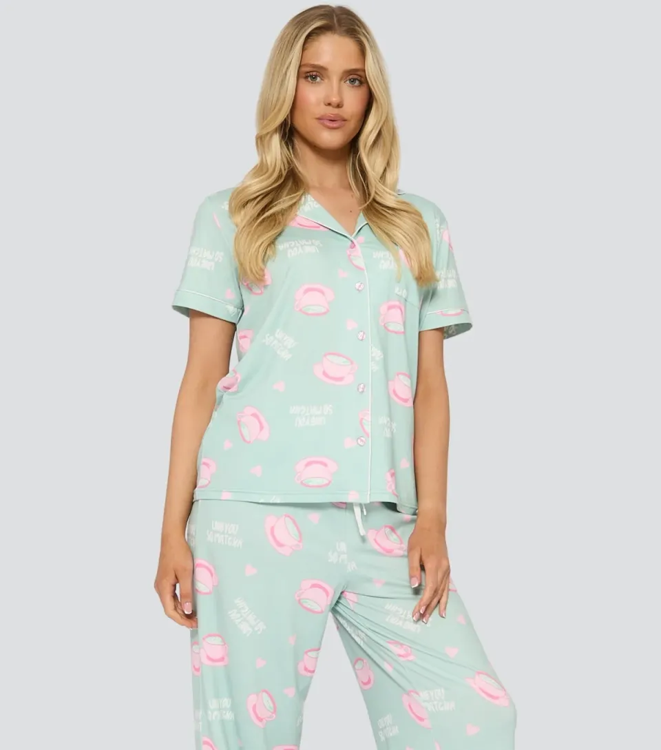 Women's Loungeable Green Love You So Matcha Print Pyjama Set