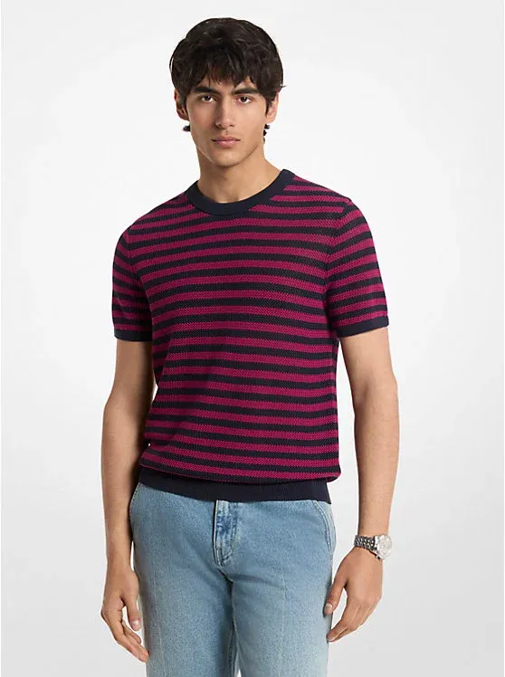 Striped Mesh Cotton Short-Sleeve Sweater