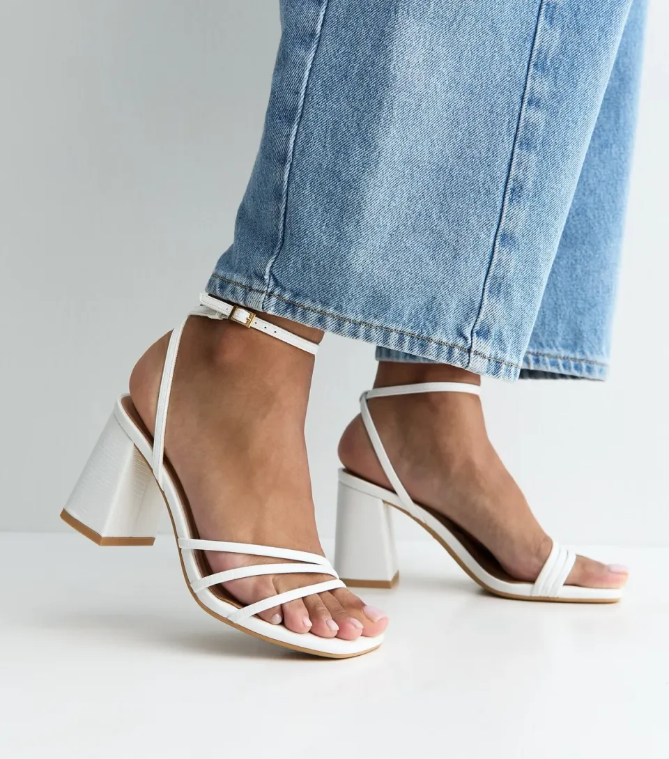 Women's White Faux Leather Asymmetric Strap Block Heel Sandals Vegan