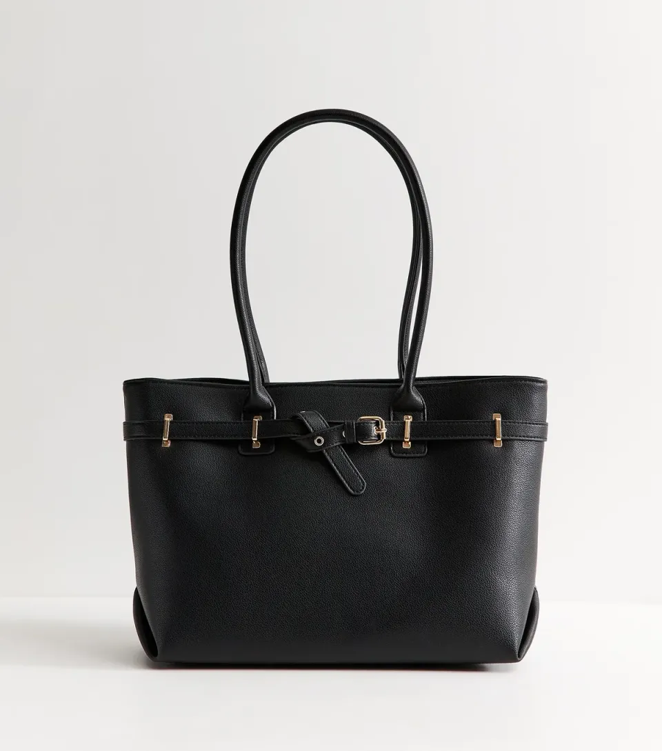 Black Faux Leather Belted Tote Bag