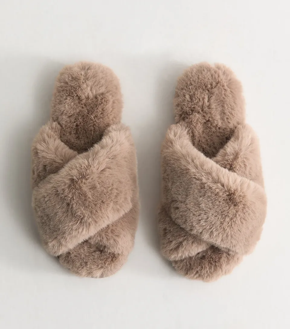 Women's Light Brown Faux Fur Slider Slippers Vegan