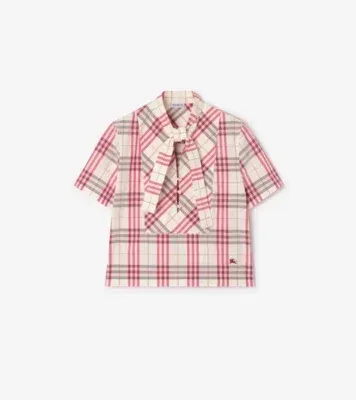 Cropped Check Cotton Scarf Blouse in Aubergine purple
