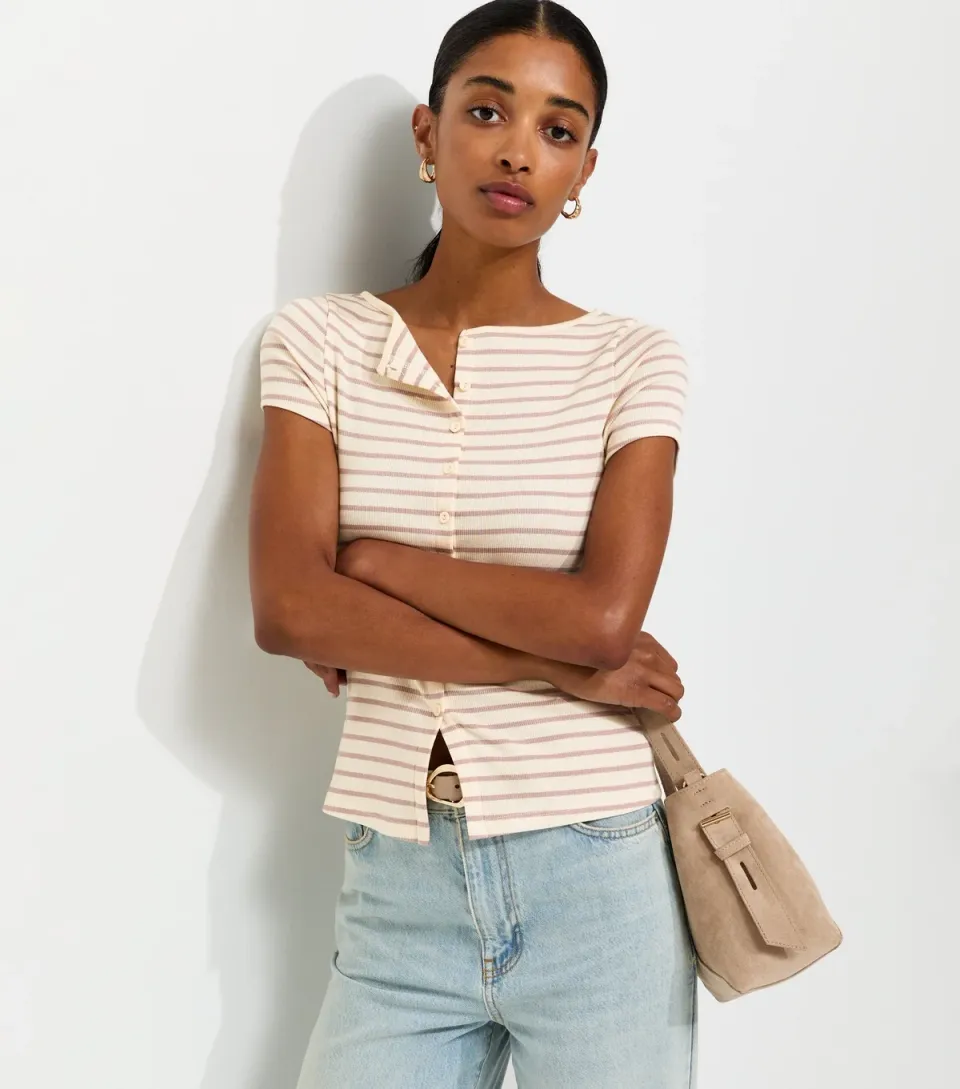 Women's White Cotton Rich Striped Button Through Baby Tee T-Shirt