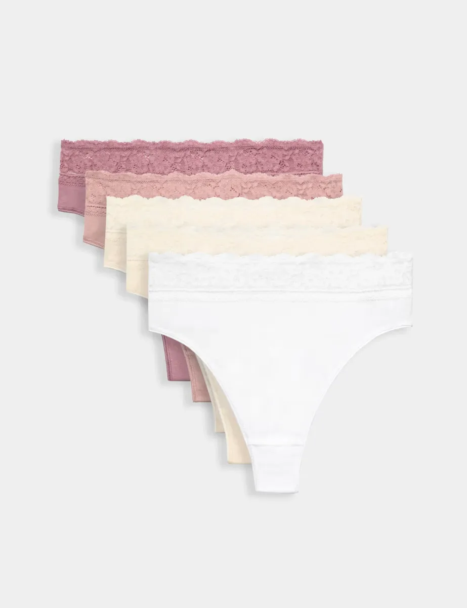 5pk Cotton Blend High Waisted Thongs Dusky Pink