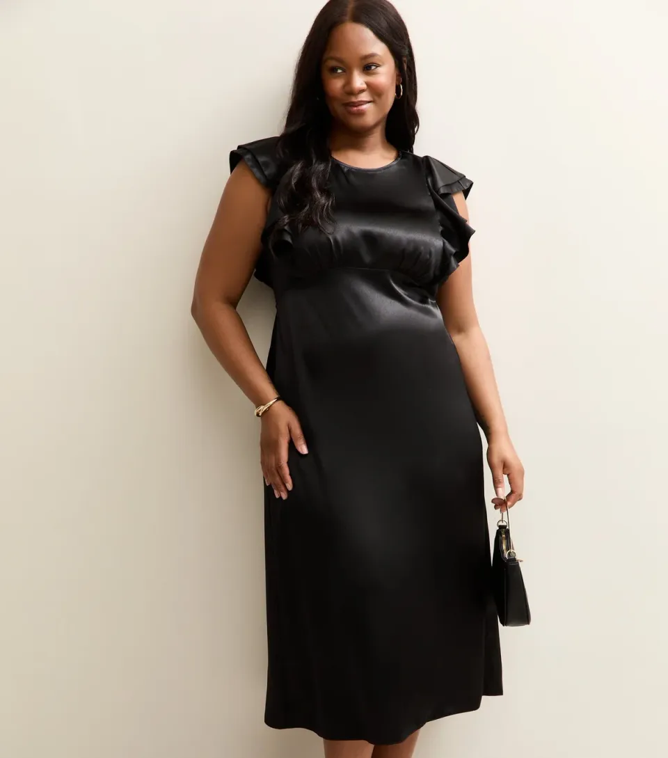 Women's Plus Size Black Satin Ruffled Sleeve Midi Dress Curves