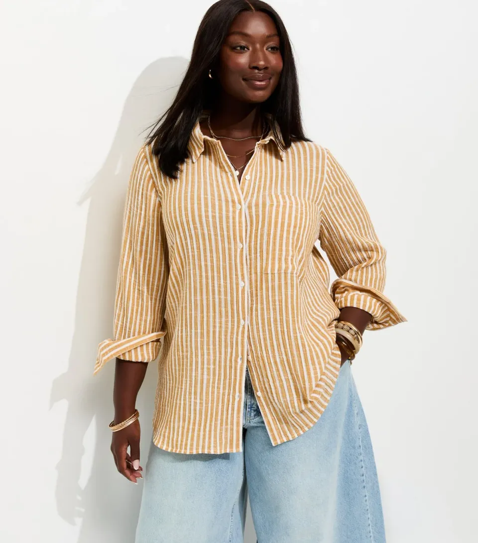 Women's Plus Size Yellow Cotton Striped Long Sleeve Shirt Curves