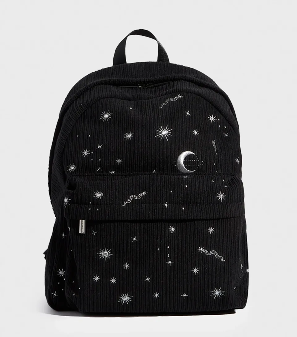 Black Celestial Embroidered Corduroy Backpack